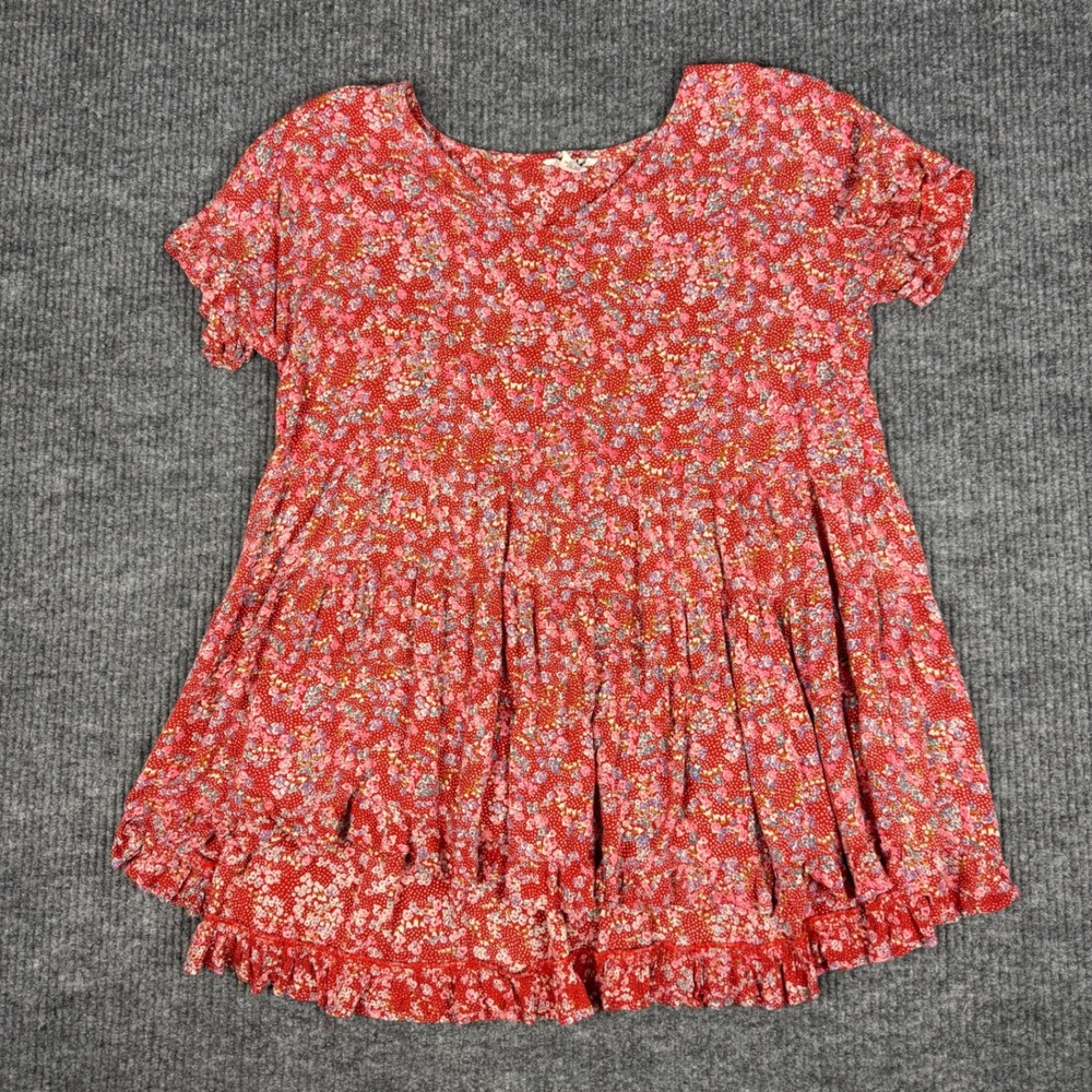 Gypsy Love Top Womens L Ditsy Floral Babydoll Ruffle Hem Rayon Short Sleeve Boho